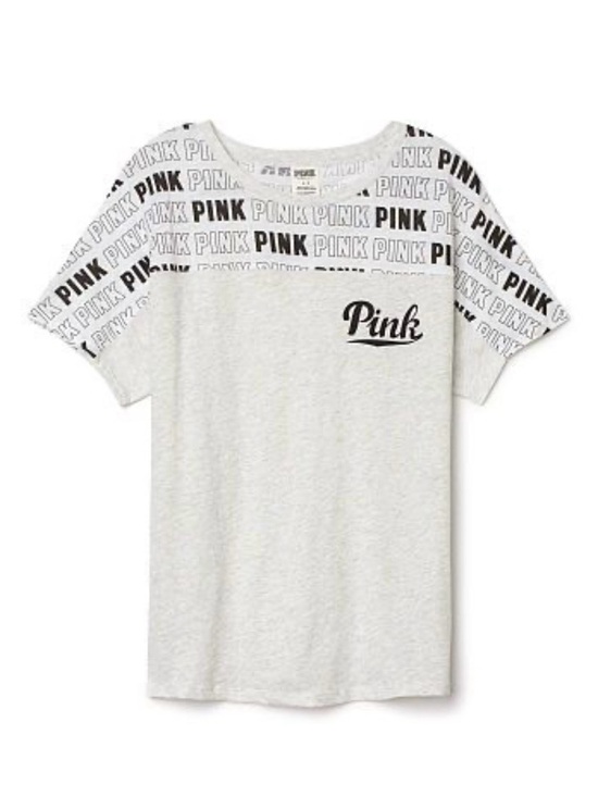 PINK Victoria's Secret Tops - PINK Victoria's Secret Heather Gray Tee with Black Logo and Repeat-Print Yoke